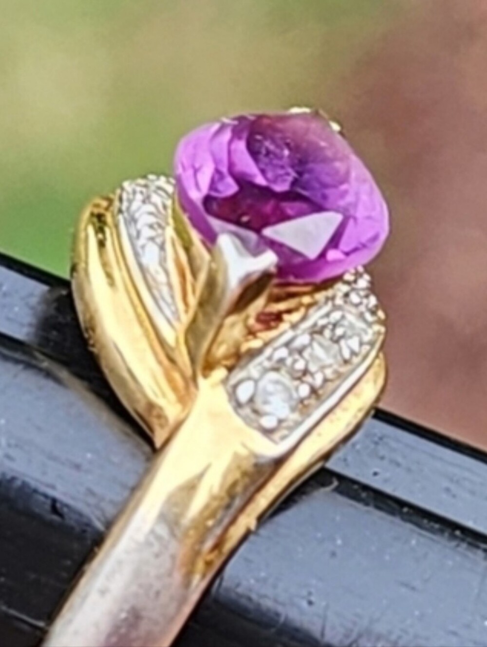 Sterling Silver Gold Vermeil Purple Stone and Diamond Accent Stones Sz 5 Pinky